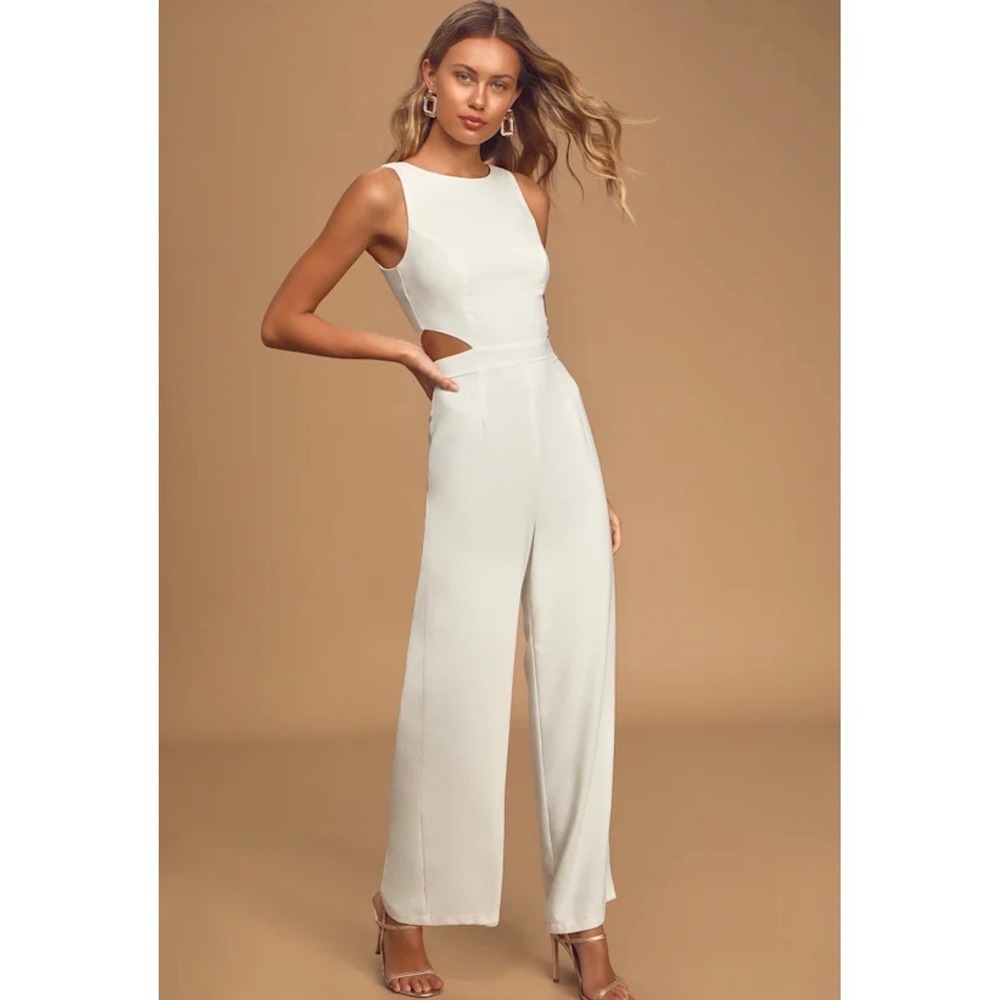 Lulus Moments to Remember White Cutout Wide-Leg Jumpsuit Bridal Medium